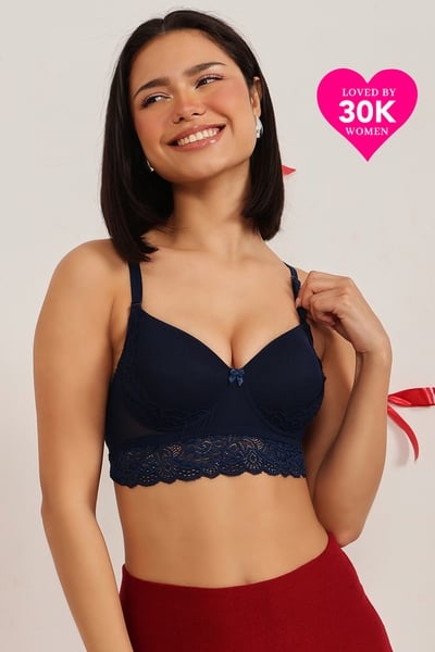 XXYX Lingerie Padded Non-Wired Full Cup Bralette in Dark Blue - Lace product view 1