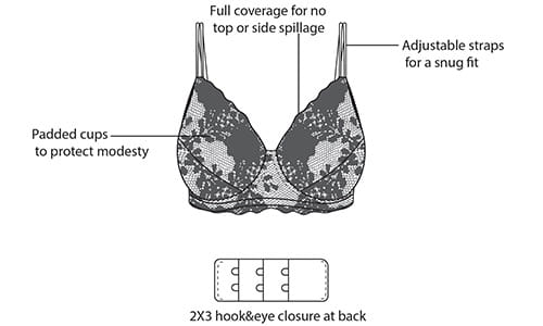 XXYX Lingerie Padded Non-Wired Full Coverage Bridal Bra in Black - Lace product view 3