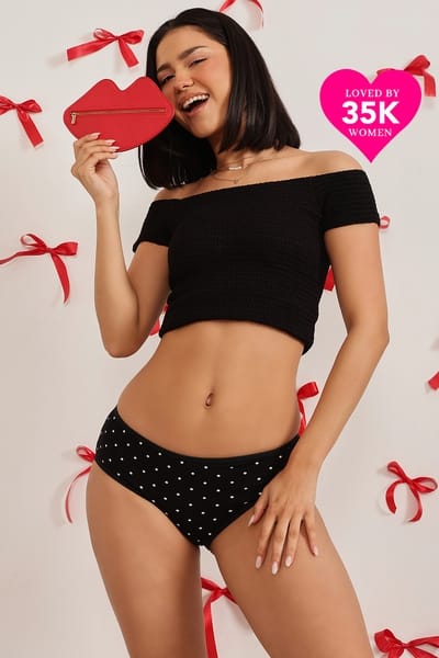 XXYX Lingerie Mid Waist Polka Print Hipster Panty in Black - Cotton product view 1