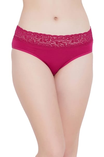 XXYX Lingerie Mid Waist Hipster Panty with Lace Waist in Dark Pink- Cotton & Lace product view 1