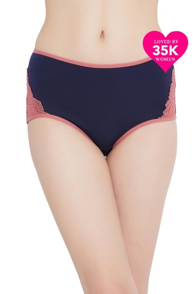 XXYX Lingerie High Waist Hipster Panty with Lace Inserts in Navy- Cotton & Lace product view 1