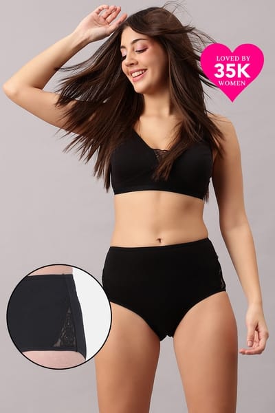 XXYX Lingerie High Waist Hipster Panty with Lace Panels in Black- Cotton product view 1